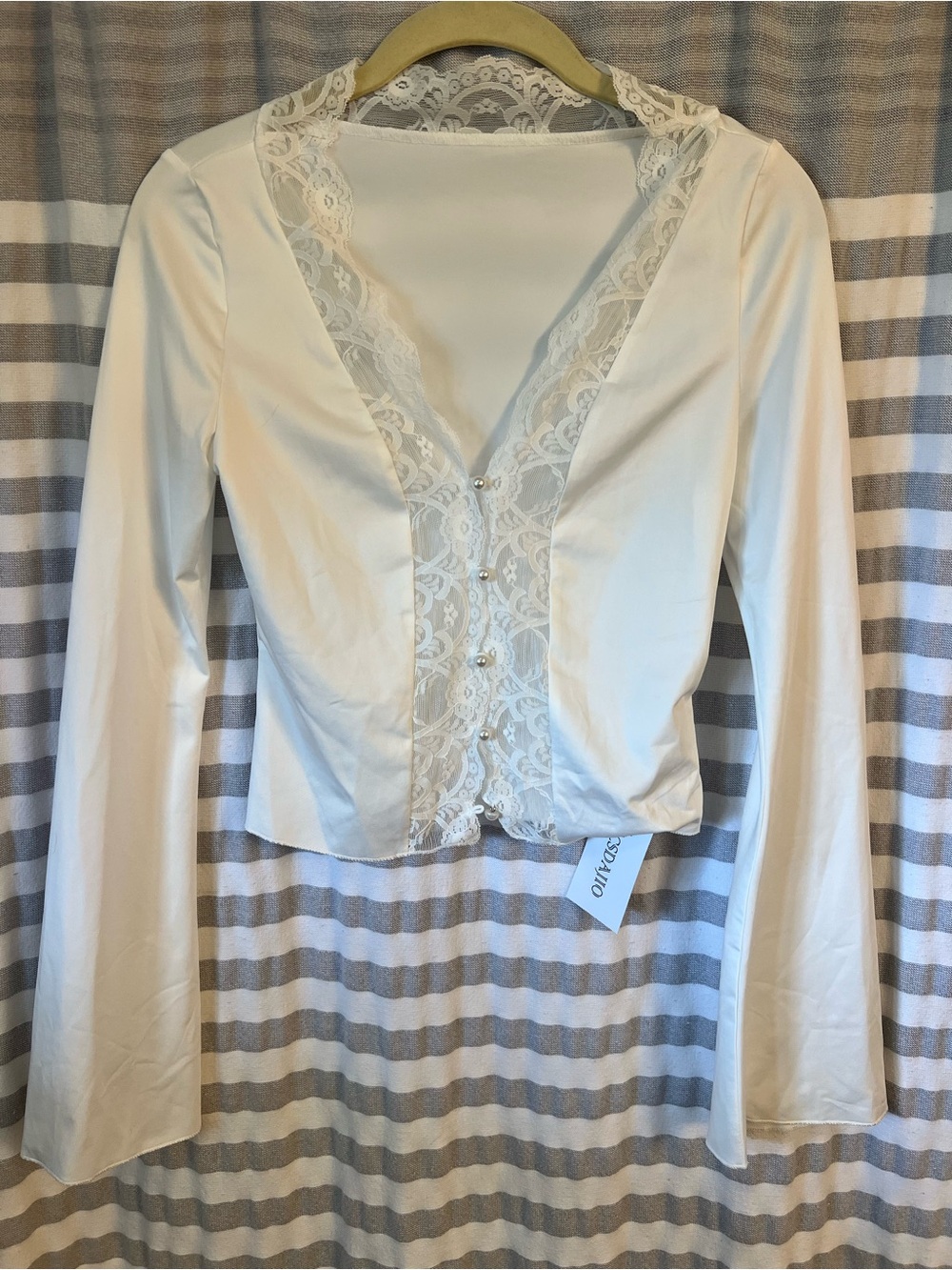 Ivory Lace Trim Long Sleeve Button Front Top